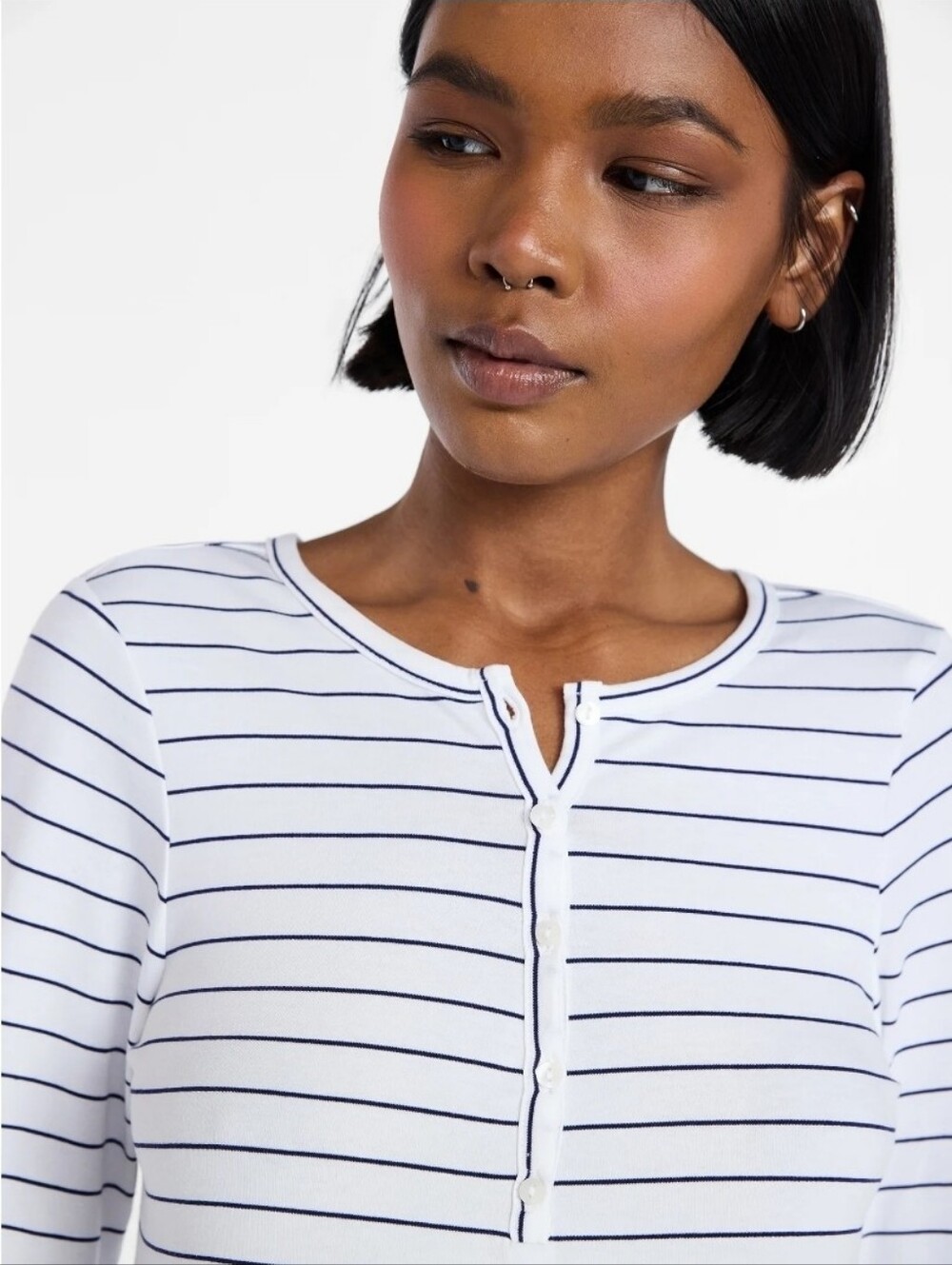 Striped Long-Sleeve Henley Top - White with Black Stripes.  T18